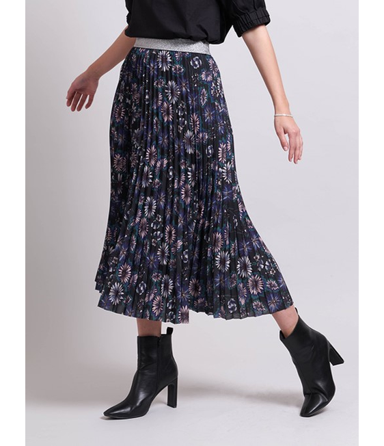 Foil Print Skirt with Contrast Waistband