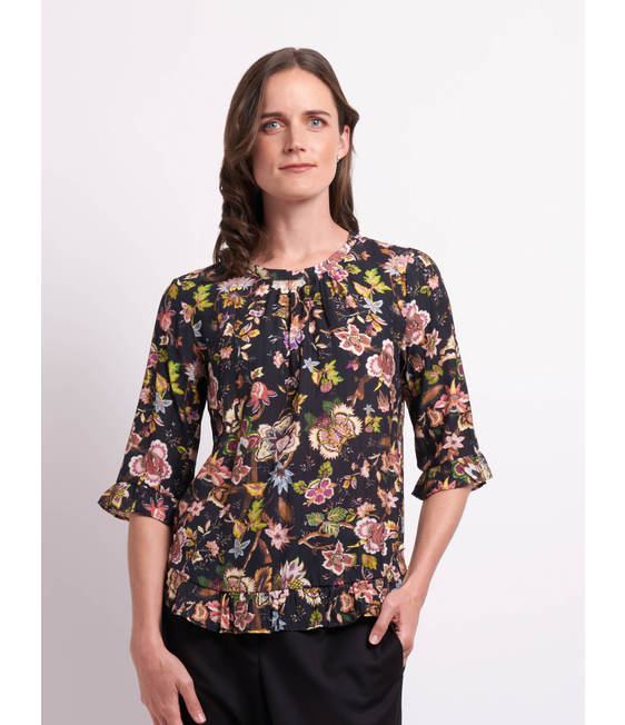 Foil Gathered Floral Scoop Hem Top