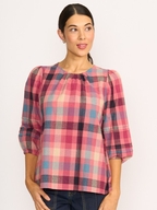 Memo Volume Sleeve Check V Neck Top