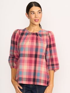 Memo Volume Sleeve Check V Neck Top-style-MCRAES