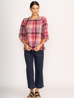 Memo Volume Sleeve Check V Neck Top