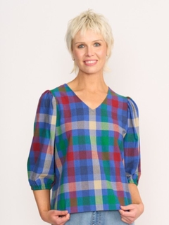 Memo Volume Sleeve Check V Neck Top-style-MCRAES