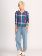 Memo Volume Sleeve Check V Neck Top