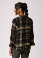 Foil Ruffle Neck Scoop Hem Top