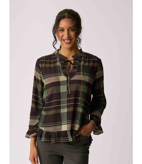 Foil Ruffle Neck Scoop Hem Top