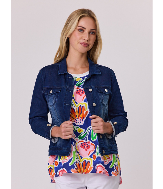 Classified Stretch Denim Jacket with Pearl Trim